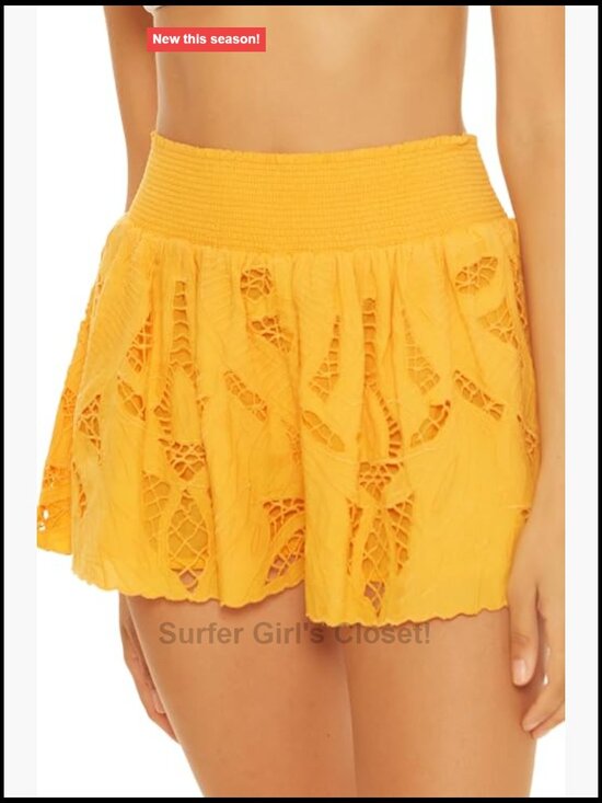 Pants - High Waisted Smocked Shorts, Viscose Beach Cover Up with Embroidery